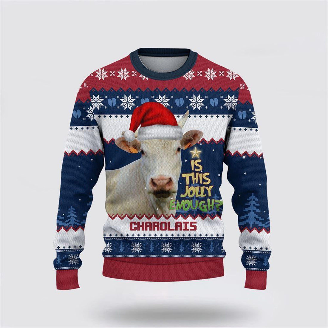 FUNSTUFFPRINT Charolais Jolly Merry Christmas Ugly Sweater, Gifts For Farmers, Rural Lovers Ugly Sweater