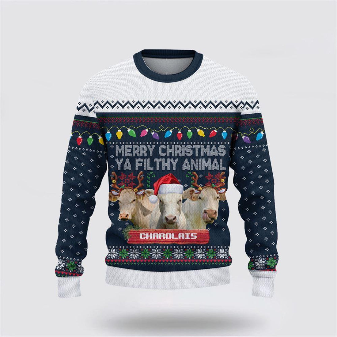 FUNSTUFFPRINT Charolais Merry Christmas Ugly Sweater, Gifts For Farmers, Rural Lovers Ugly Sweater