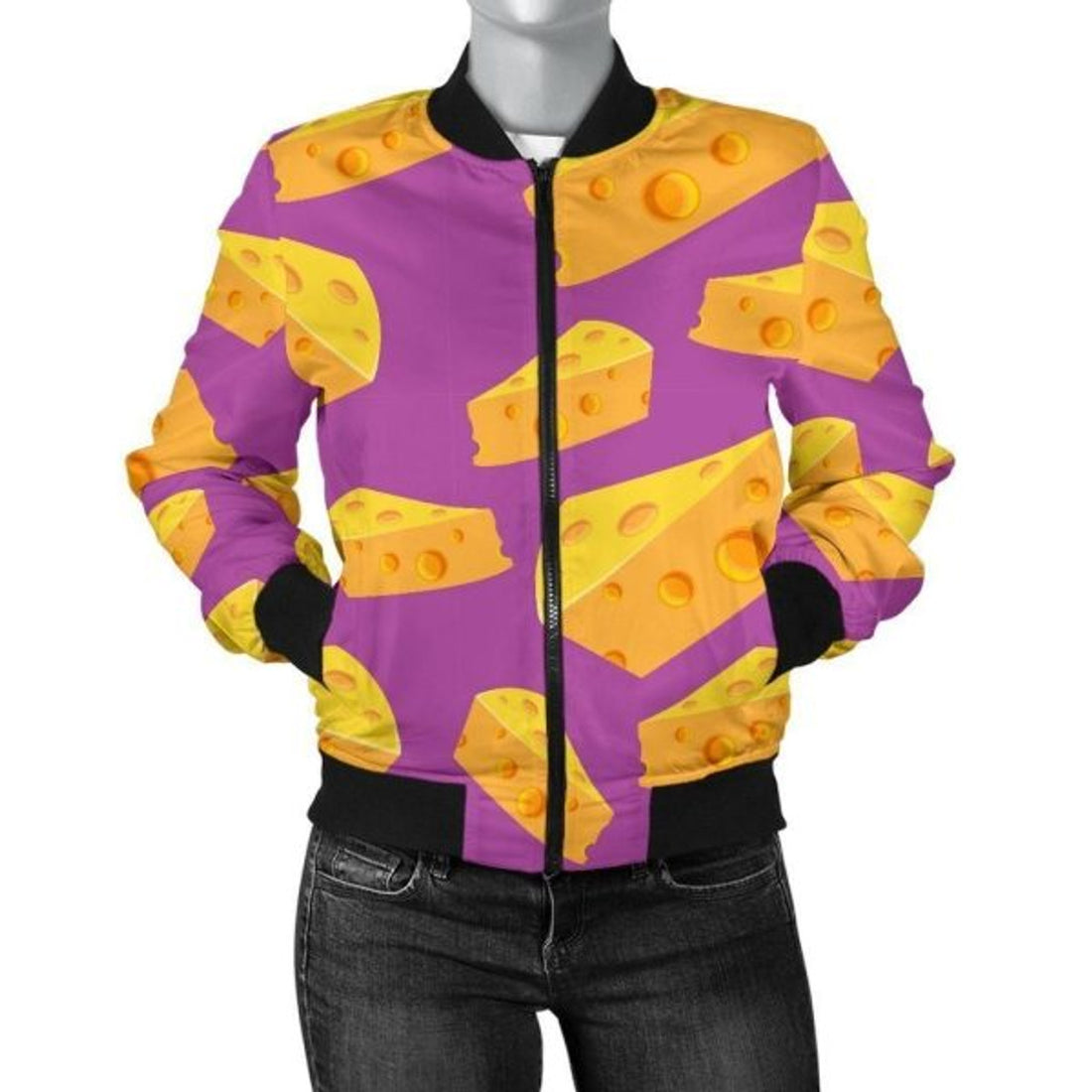 FUNSTUFFPRINT Cheese Pattern Print Women Casual 3D Bomber Jacket