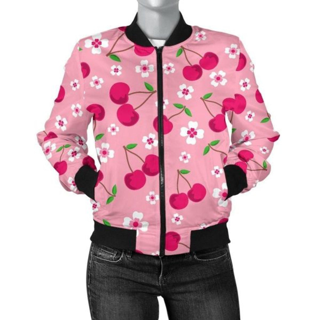FUNSTUFFPRINT Cherry Floral Pattern Print Women Casual 3D Bomber Jacket