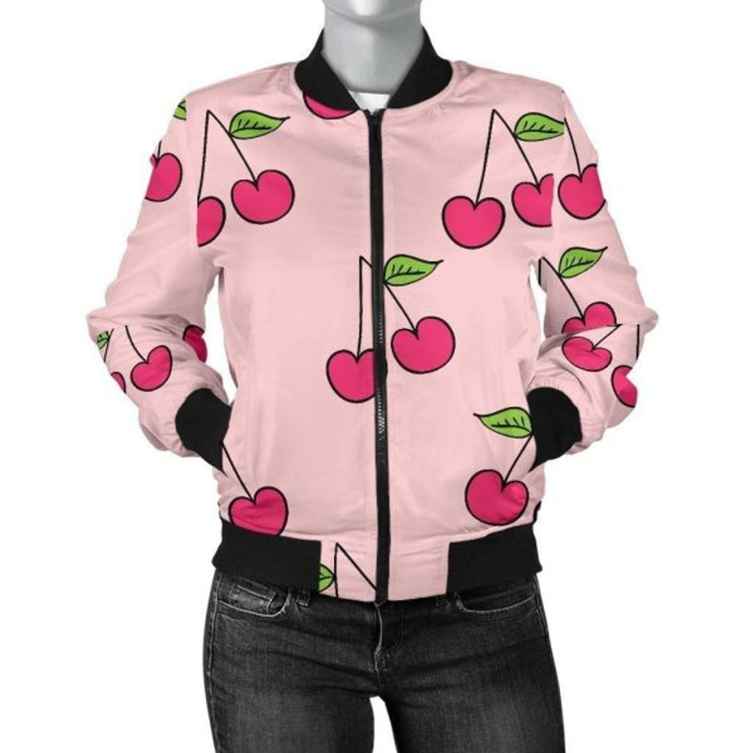 FUNSTUFFPRINT Cherry Pattern Print Women Casual 3D Bomber Jacket