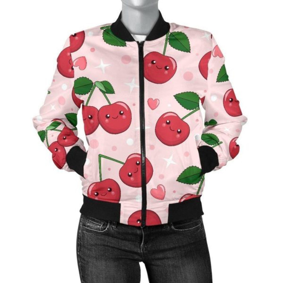FUNSTUFFPRINT Cherry Print Pattern Women Casual 3D Bomber Jacket