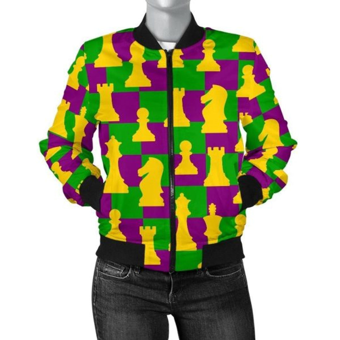 FUNSTUFFPRINT Chess Color Pattern Print Women Casual 3D Bomber Jacket