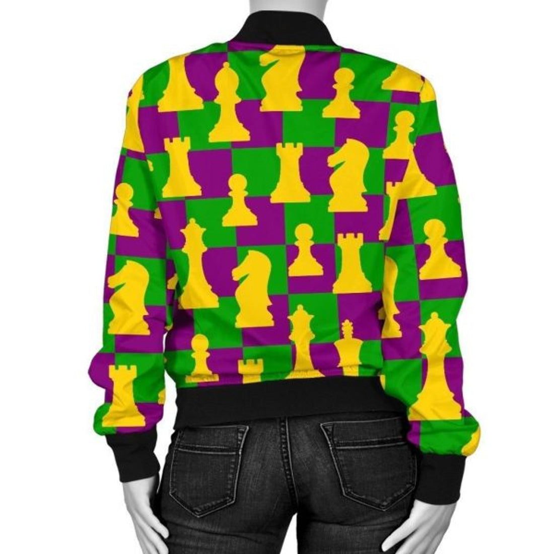 FUNSTUFFPRINT Chess Color Pattern Print Women Casual 3D Bomber Jacket