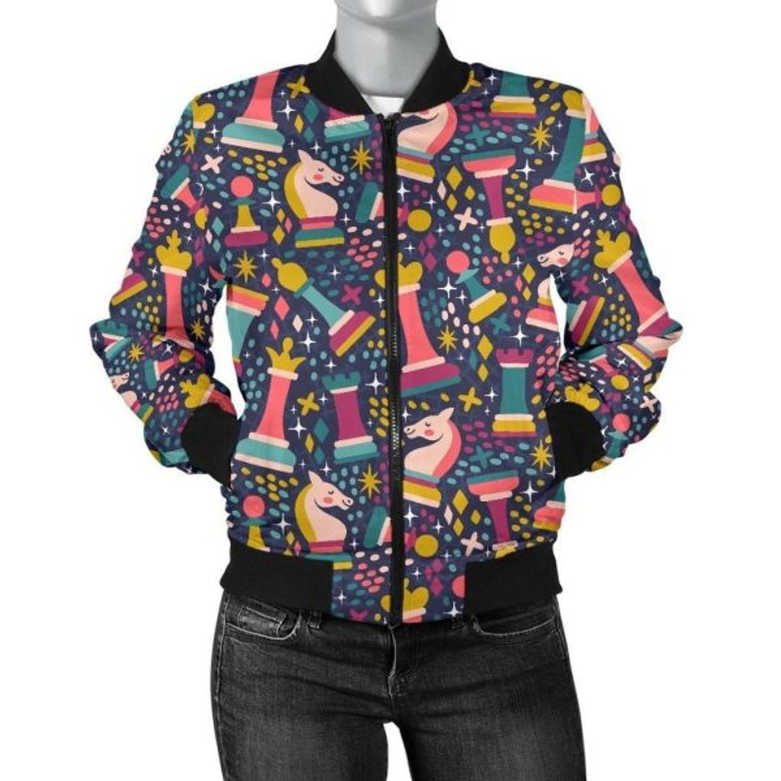 FUNSTUFFPRINT Chess Colorful Pattern Print Women Casual 3D Bomber Jacket