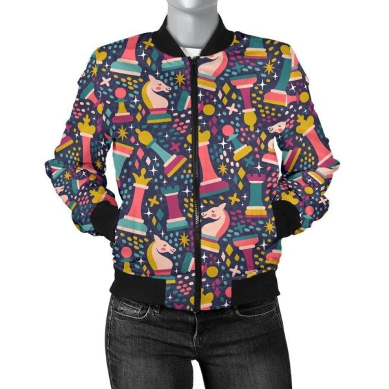FUNSTUFFPRINT Chess Colorful Pattern Print Women Casual 3D Bomber Jacket