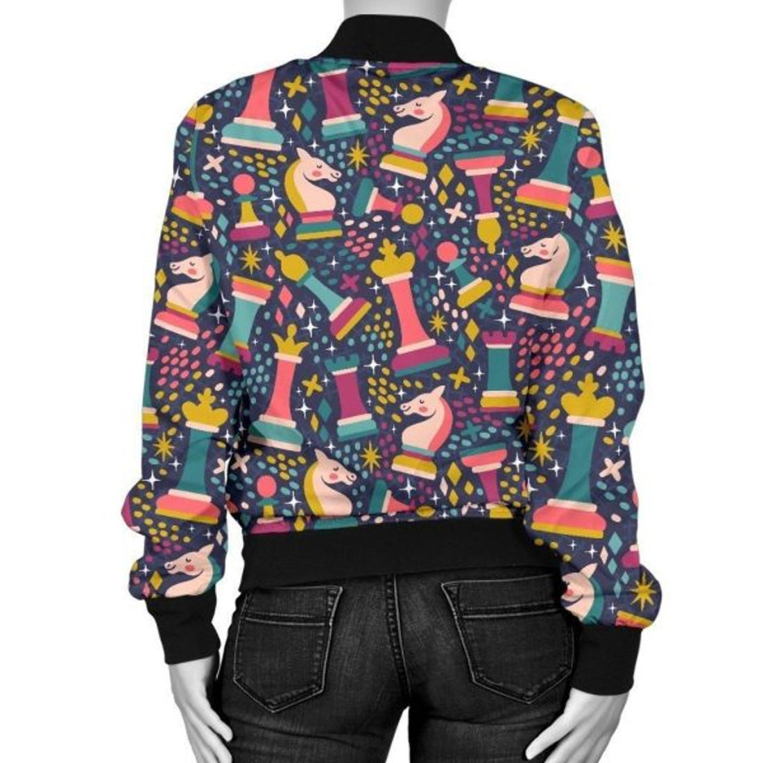 FUNSTUFFPRINT Chess Colorful Pattern Print Women Casual 3D Bomber Jacket