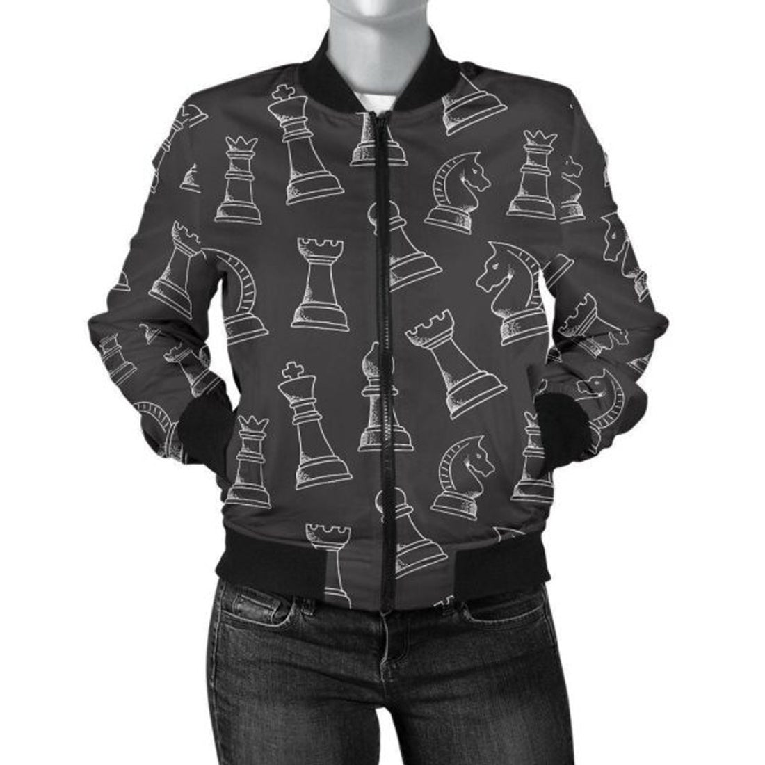 FUNSTUFFPRINT Chess Print Pattern Women Casual 3D Bomber Jacket