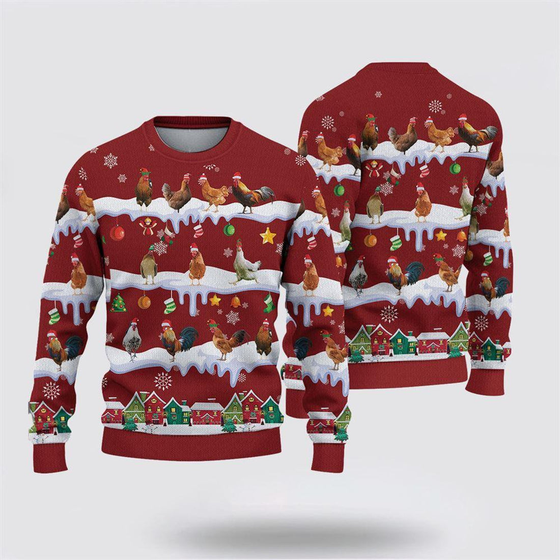 FUNSTUFFPRINT Chicken Christmas Knitted Sweater, Gifts For Farmers, Rural Lovers Ugly  Sweater
