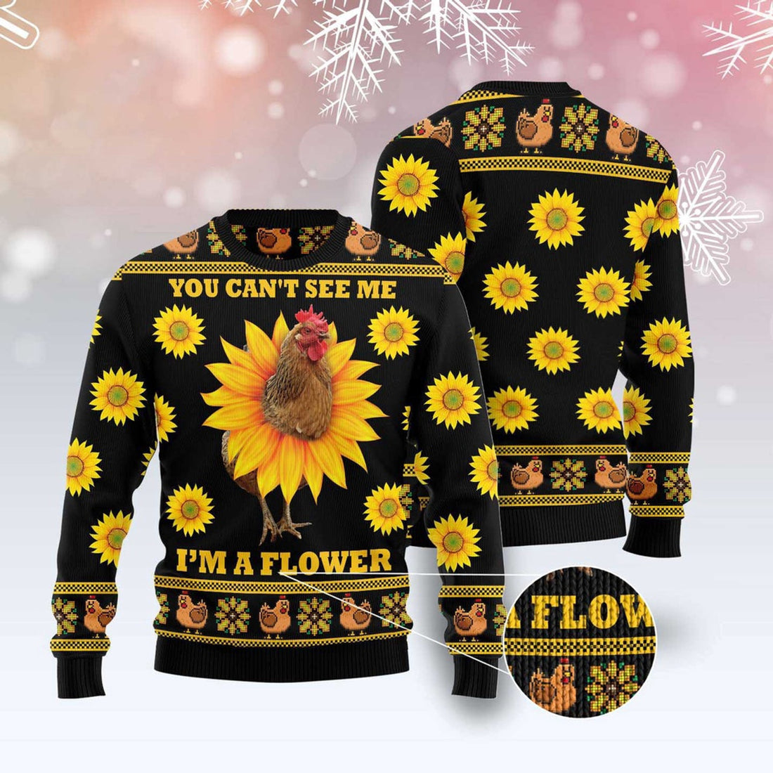 FUNSTUFFPRINT Chicken Flower Ugly Christmas Sweater, Christmas Sweater, Ugly Sweater, Funny Xmas Sweaters Ugly Sweater