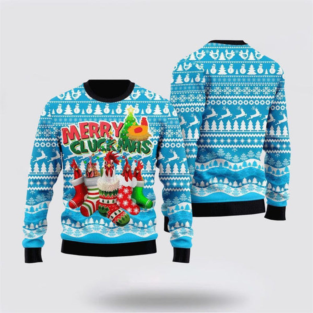 FUNSTUFFPRINT Chicken Merry Cluckmas Ugly Christmas Sweater, Farm Sweater, Christmas Gift, Best Winter Outfit Christmas Ugly Sweater