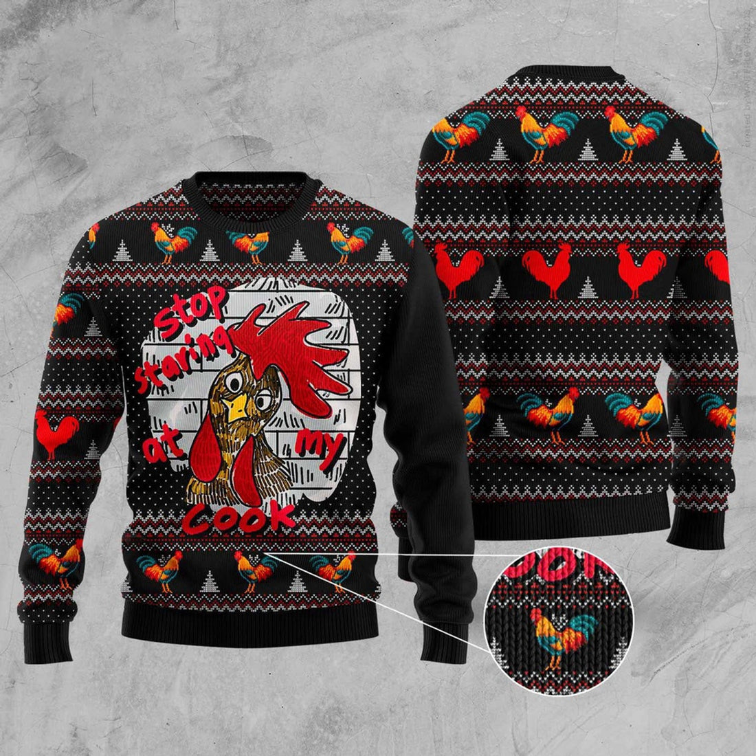 FUNSTUFFPRINT Chicken Stop Staring At My Cock Ugly Christmas Sweater, Christmas Sweater, Ugly Sweater, Funny Xmas Sweaters Ugly Sweater