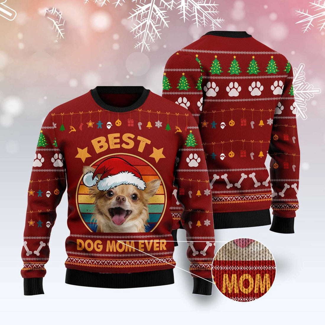 FUNSTUFFPRINT Chihuahua Best Dog Mom Ever Ugly Christmas Sweater, Dog Ugly Christmas Sweater, Ugly Dog Sweaters Ugly  Sweater