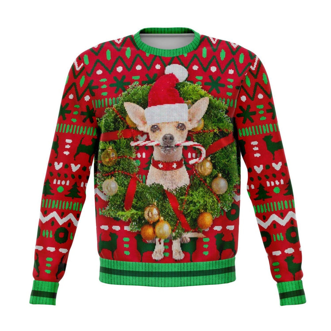 FUNSTUFFPRINT Chihuahua With Wreath Christmas Ugly Sweater, Christmas Sweater, Ugly Sweater, Funny Xmas Sweaters Ugly Sweater