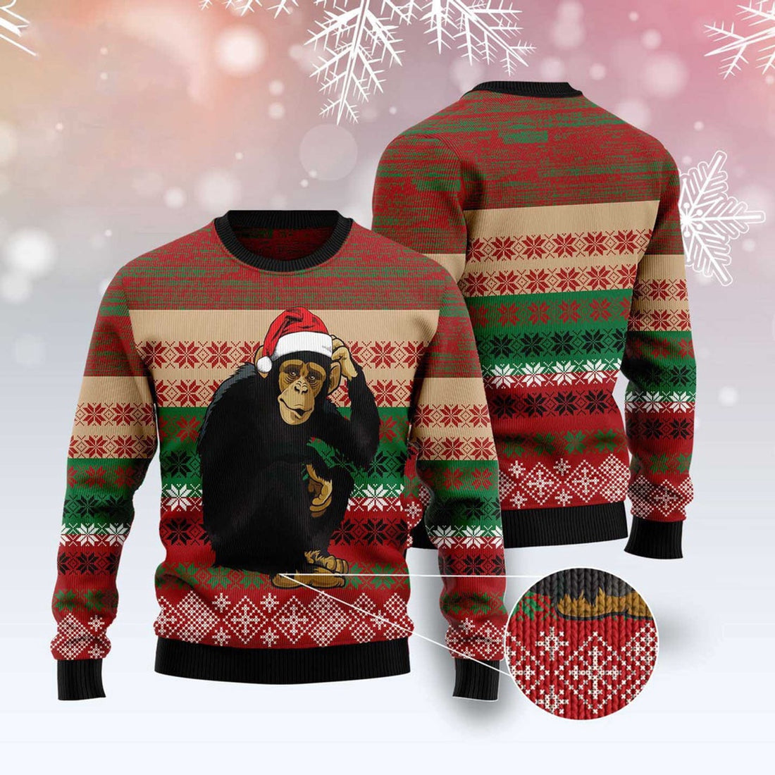 FUNSTUFFPRINT Chimpanzee Christmas Ugly Christmas Sweater, Christmas Sweater, Ugly Sweater, Funny Xmas Sweaters Ugly Sweater