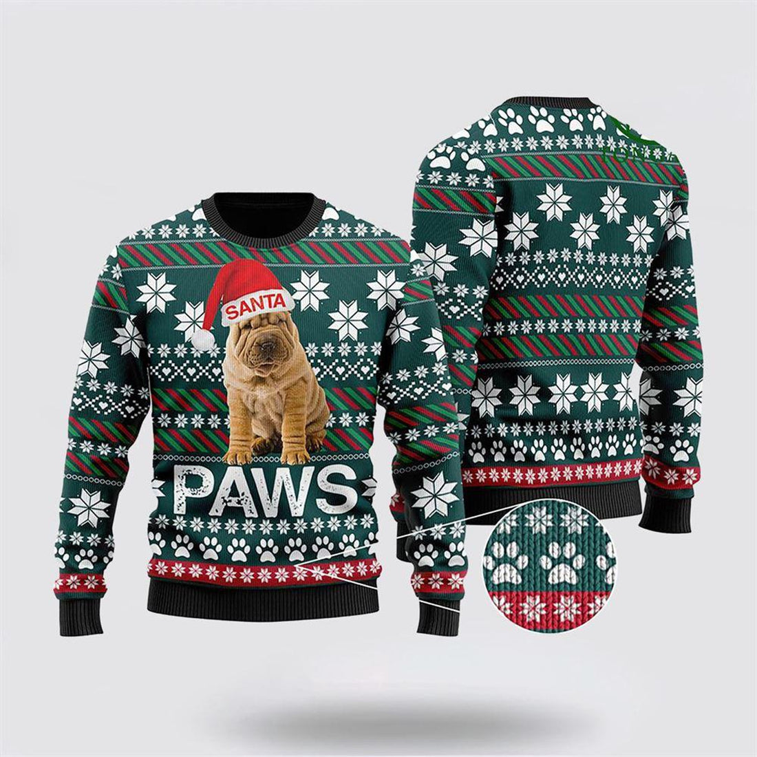 FUNSTUFFPRINT Chinese Shar-Pei Santa Printed Christmas Ugly Sweater - Pet Lover Christmas Sweater Ugly Sweater