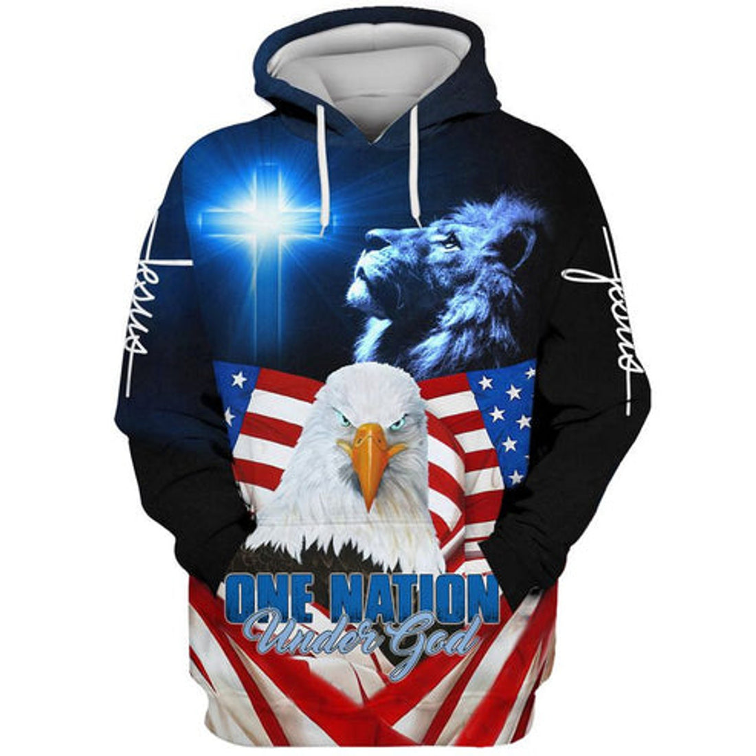 FUNSTUFFPRINT 3D Christ Cross Eagle Lion One Nation Under God 3D Hoodie and Zip Hoodie