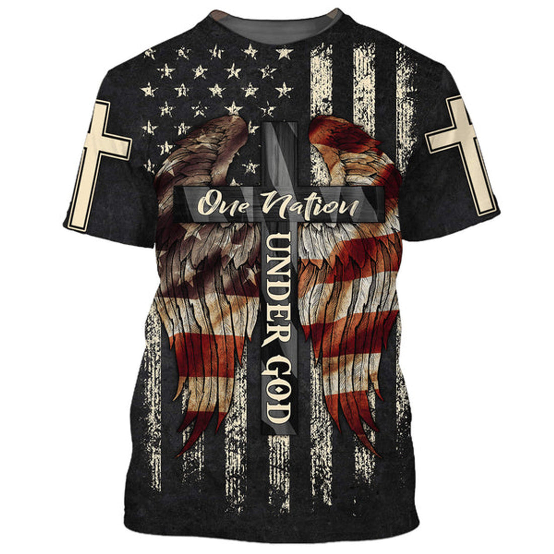 FUNSTUFFPRINT Christ Cross Wings One Nation Under God American Flag 3D All Over Printed Shirt for Men and Women 3D T-shirt