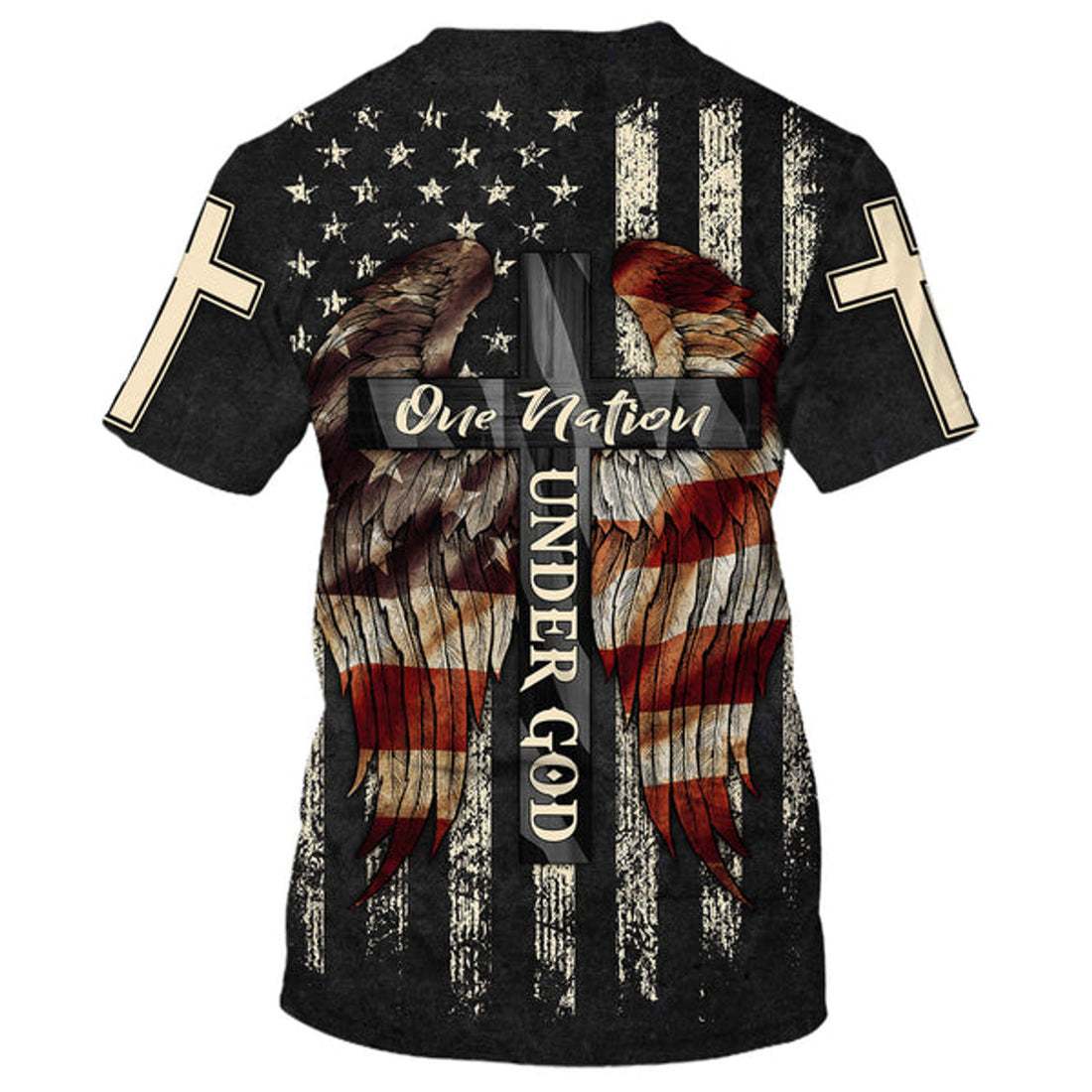FUNSTUFFPRINT Christ Cross Wings One Nation Under God American Flag 3D All Over Printed Shirt for Men and Women 3D T-shirt