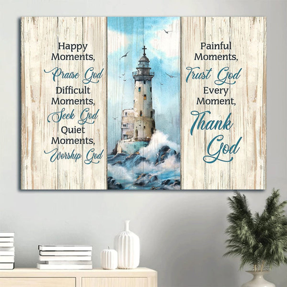Christ Lighthouse Beach Painting Beautiful Albatross Every Moment Thank God Canvas Wall Art - Christian Wall Decor