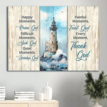Christ Lighthouse Beach Painting Beautiful Albatross Every Moment Thank God Canvas Wall Art - Christian Wall Decor
