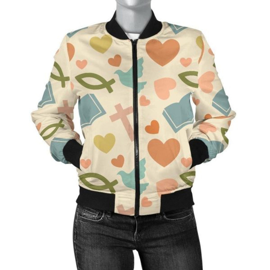FUNSTUFFPRINT Christian Bible Pattern Print Women Casual 3D Bomber Jacket
