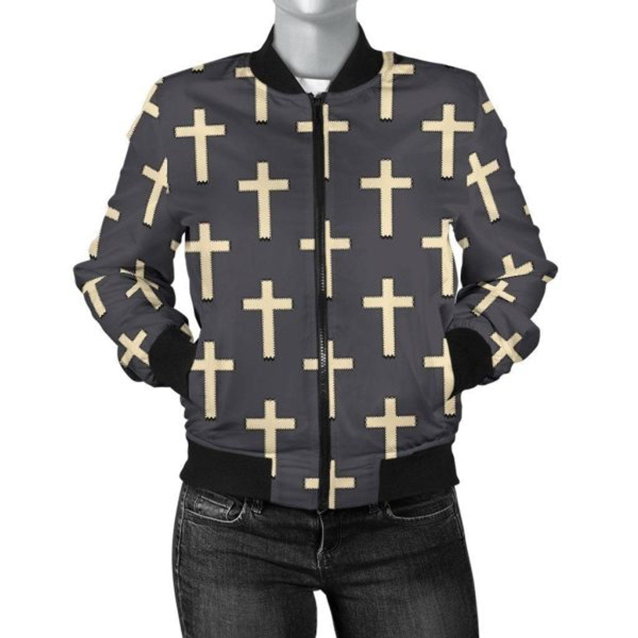 FUNSTUFFPRINT Christian Cross Pattern Print Women Casual 3D Bomber Jacket