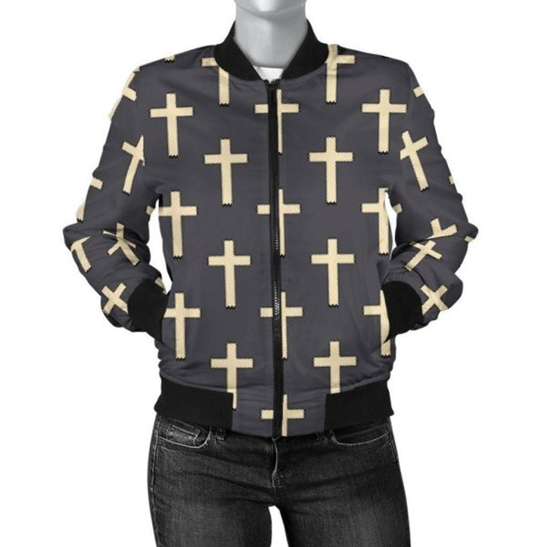 FUNSTUFFPRINT Christian Cross Pattern Print Women Casual 3D Bomber Jacket