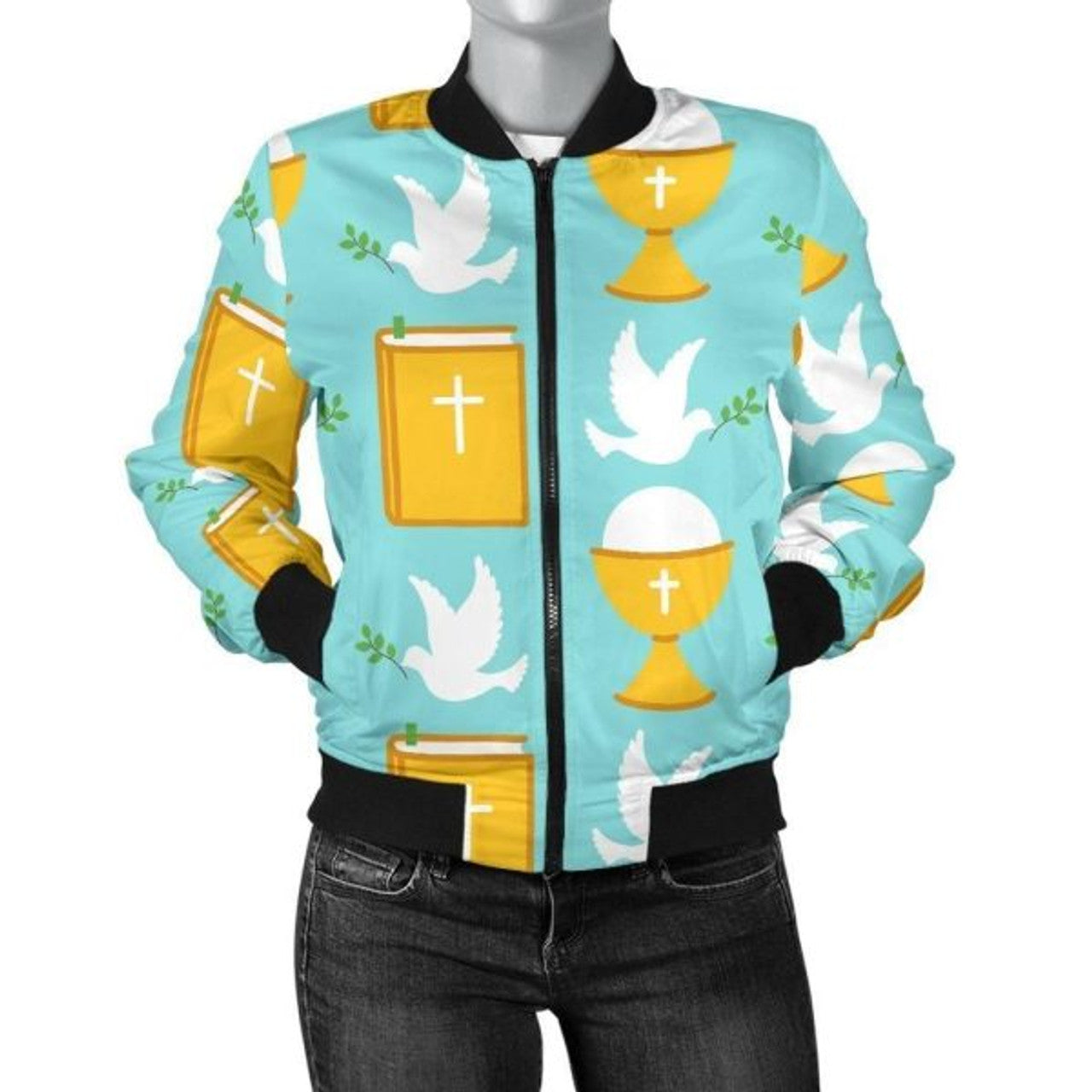 FUNSTUFFPRINT Christian Dove Pattern Print Women Casual 3D Bomber Jacket