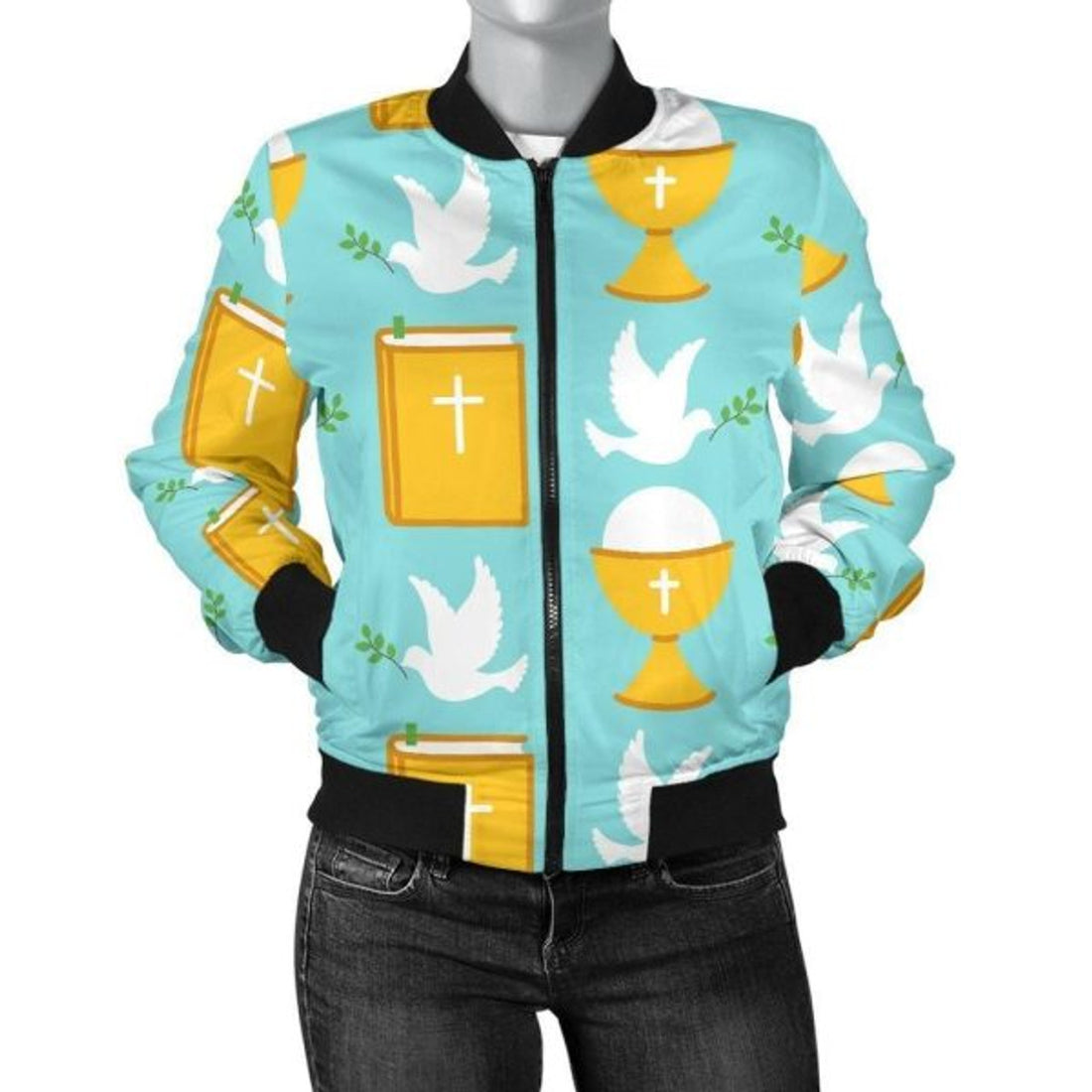 FUNSTUFFPRINT Christian Dove Pattern Print Women Casual 3D Bomber Jacket