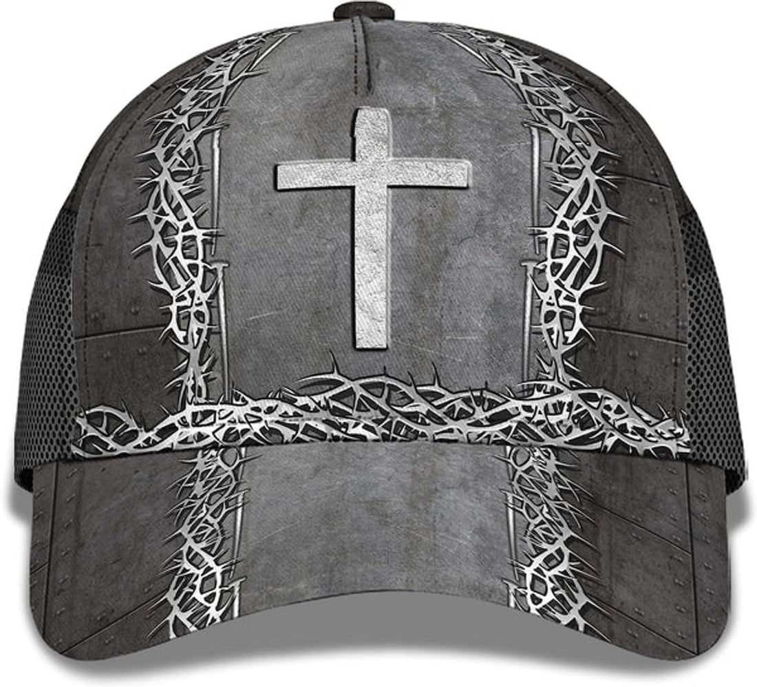 FUNSTUFFPRINT Christian Cross With Crown Of Thorn All Over Print Baseball Cap - Christian Hats For Men Women