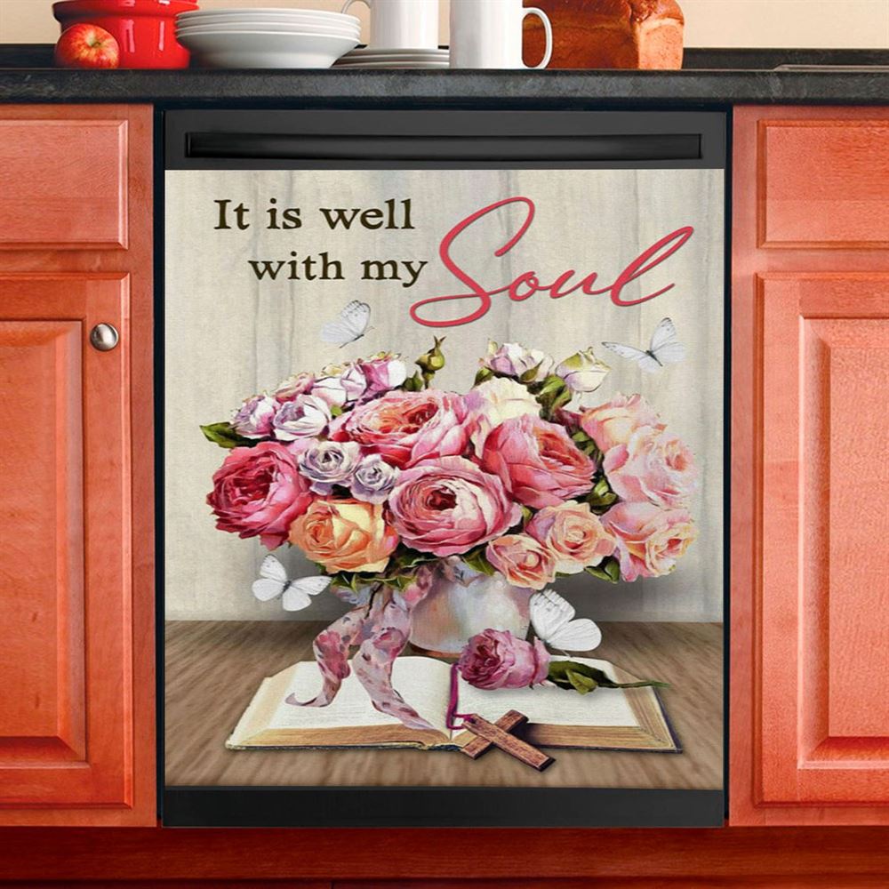 Christian It Is Well With My Soul Roses With Old Bible Book Dishwasher Cover, Bible Verse Dishwasher Magnet Cover, Scripture Kitchen Decor