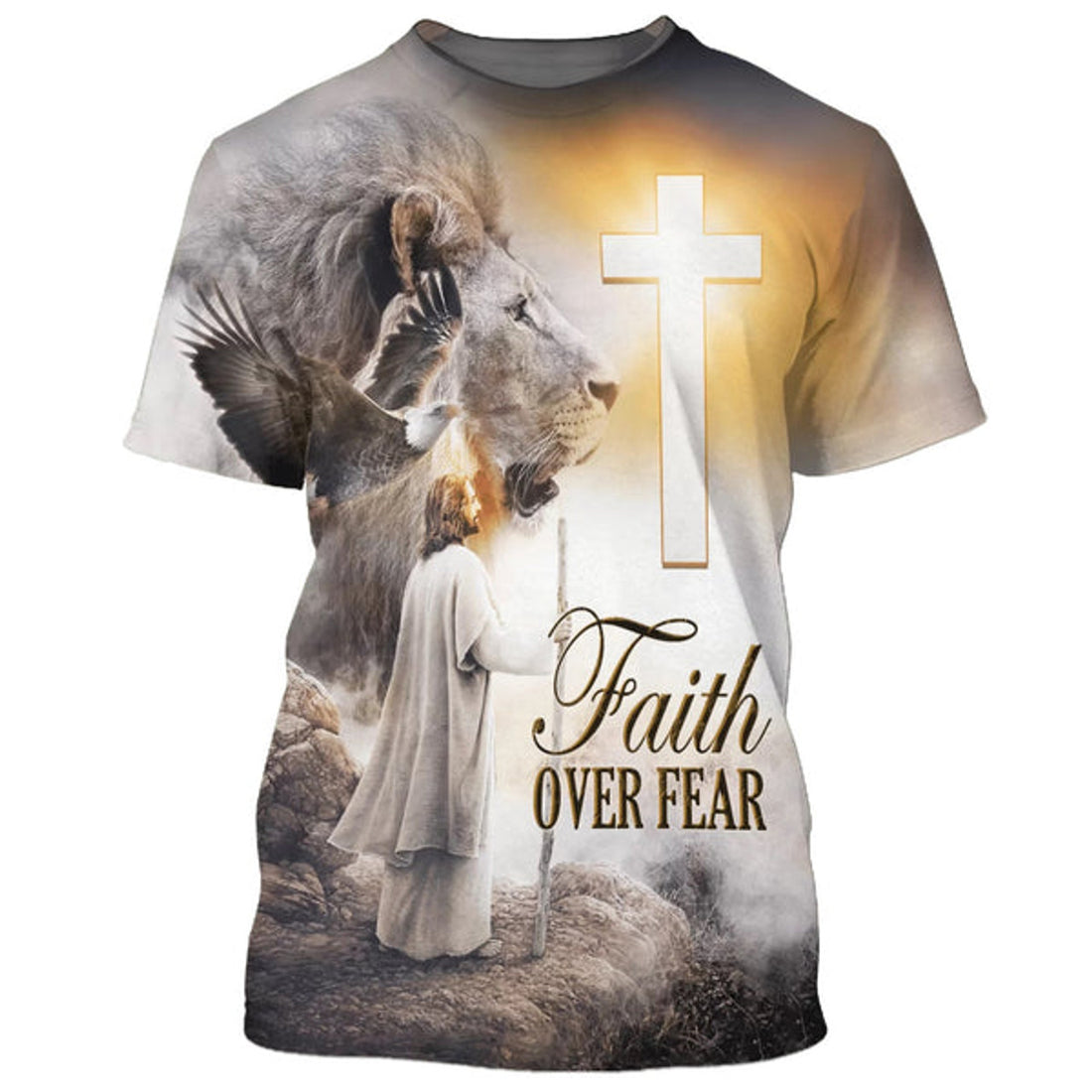 FUNSTUFFPRINT Christian Jesus Lion Cross Faith Over Fear Christian 3D T-shirt
