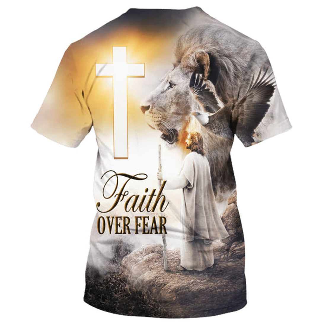 FUNSTUFFPRINT Christian Jesus Lion Cross Faith Over Fear Christian 3D T-shirt