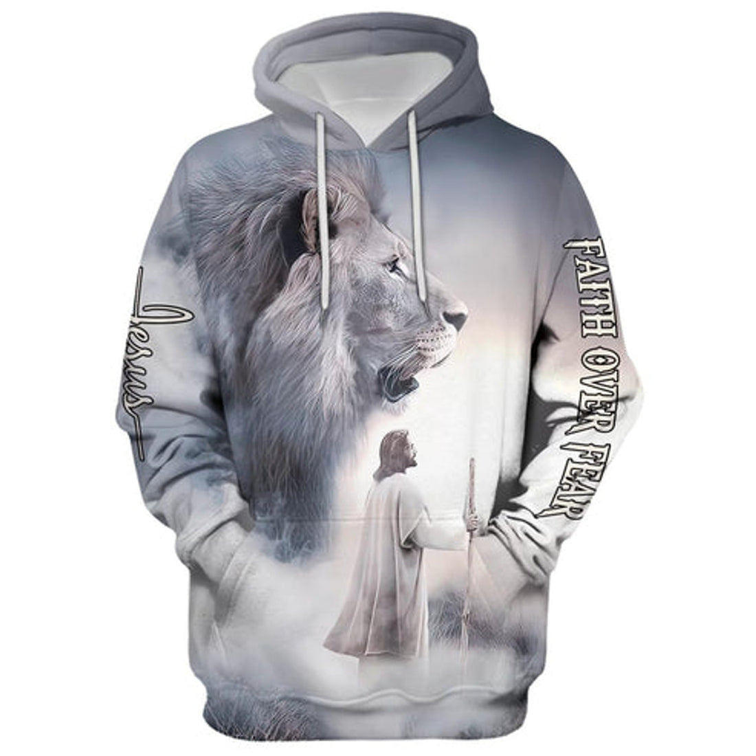 FUNSTUFFPRINT 3D Christian Jesus Lion Faith Over Fear 3D Hoodie and Zip Hoodie