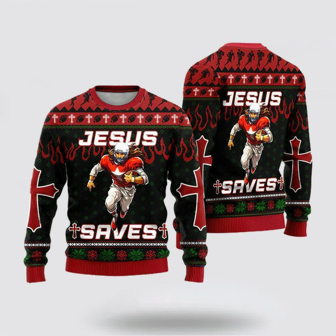 FUNSTUFFPRINT Christian Sweater, Cool Jesus American Football Team Red Ugly Christmas Sweater, Jesus Christmas Sweater, Jesus Saves Shirt Ugly  Sweater
