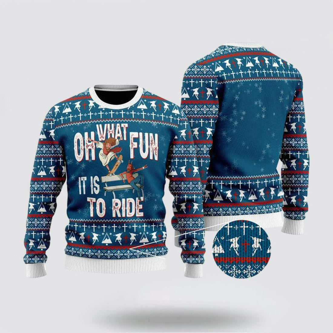 FUNSTUFFPRINT Christian Sweater, Funny Jesus Ride Skateboarding With Satan Ugly Christmas Sweater, Jesus Christmas Sweater, Jesus Saves Shirt Ugly  Sweater