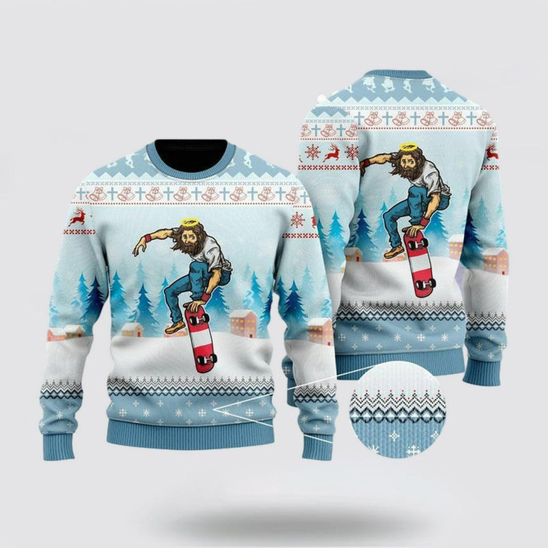 FUNSTUFFPRINT Christian Sweater, Funny Jesus Skateboarding Christmas Ugly Christmas Sweater, Jesus Christmas Sweater, Jesus Saves Shirt Ugly  Sweater
