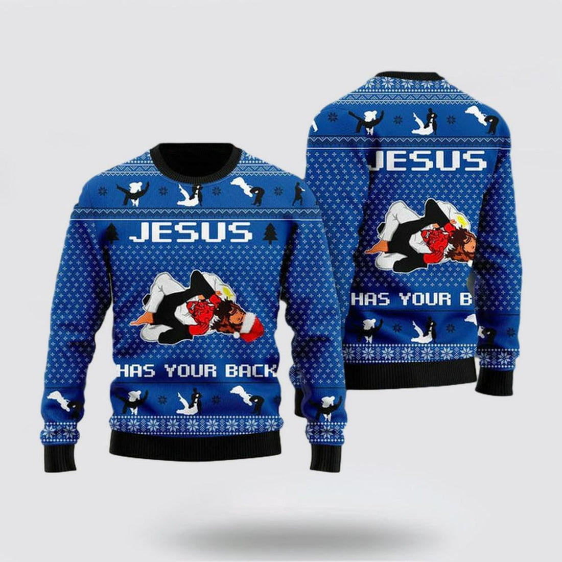 FUNSTUFFPRINT Christian Sweater, Jesus Has Your Back Jiu Jitsu Ugly Christmas Sweater, Jesus Christmas Sweater, Jesus Saves Shirt Ugly  Sweater