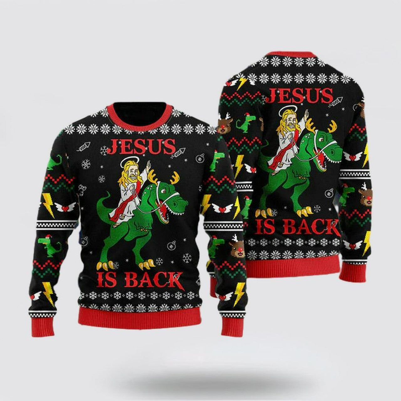 FUNSTUFFPRINT Christian Sweater, Jesus Ride Dinosaur Is Back Ugly Christmas Sweater, Jesus Christmas Sweater, Jesus Saves Shirt Ugly  Sweater