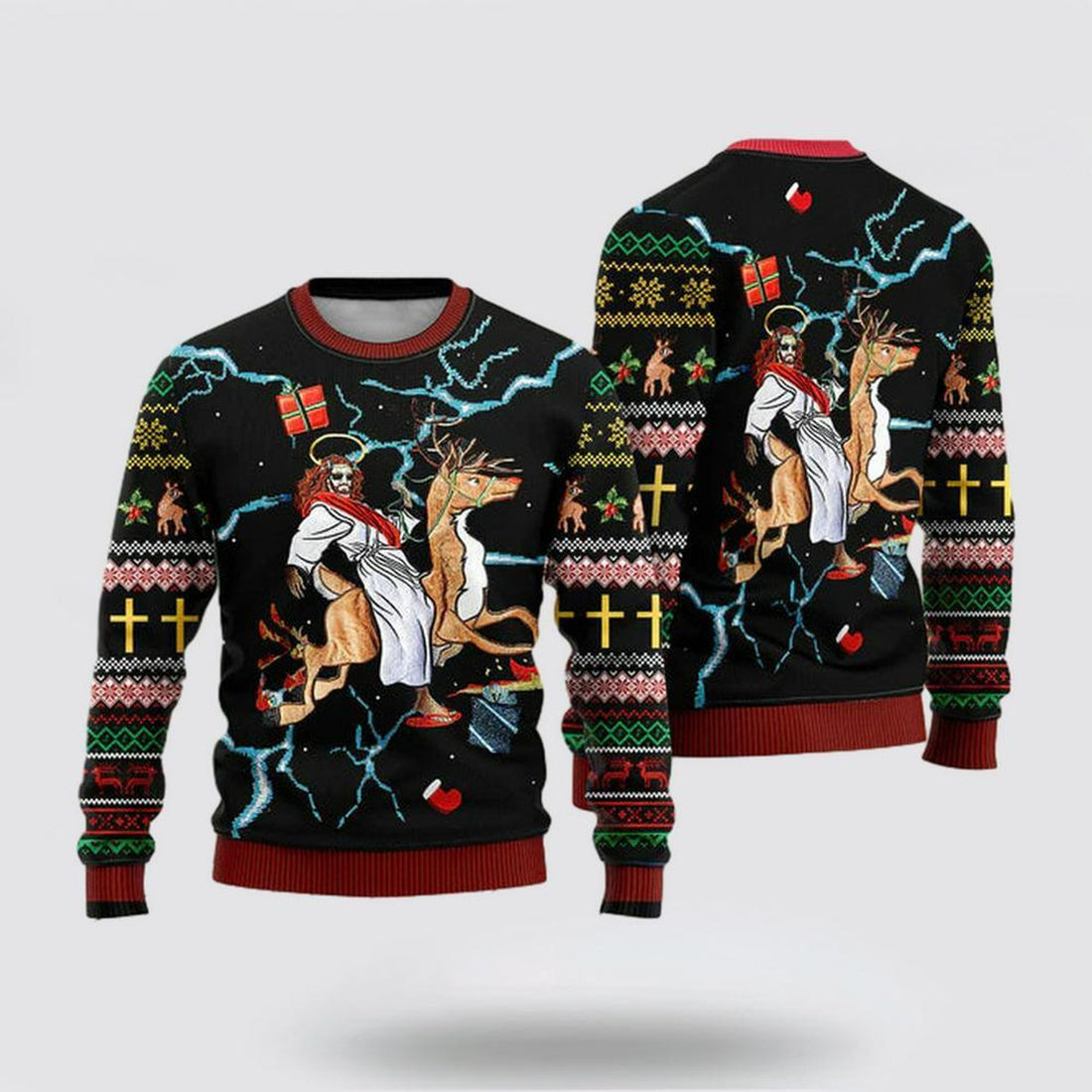 FUNSTUFFPRINT Christian Sweater, Jesus Riding Reindeer Black Ugly Christmas Sweater, Jesus Christmas Sweater, Jesus Saves Shirt Ugly  Sweater
