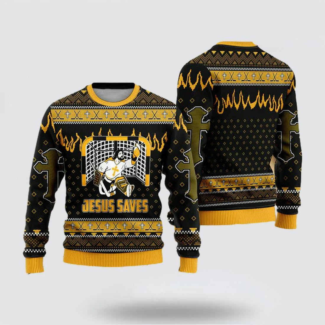 FUNSTUFFPRINT Christian Sweater, Jesus Saves Hockey Ugly Christmas Sweater, Jesus Christmas Sweater, Jesus Loves You Shirt Ugly  Sweater