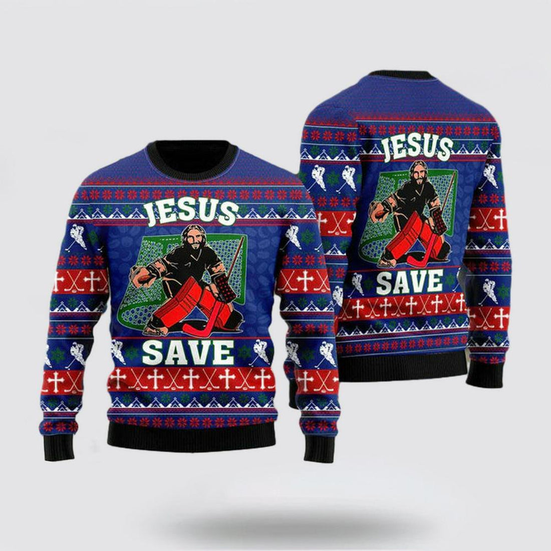 FUNSTUFFPRINT Christian Sweater, Jesus Saves Hockey Ugly Christmas Sweater, Jesus Christmas Sweater, Jesus Saves Shirt Ugly  Sweater