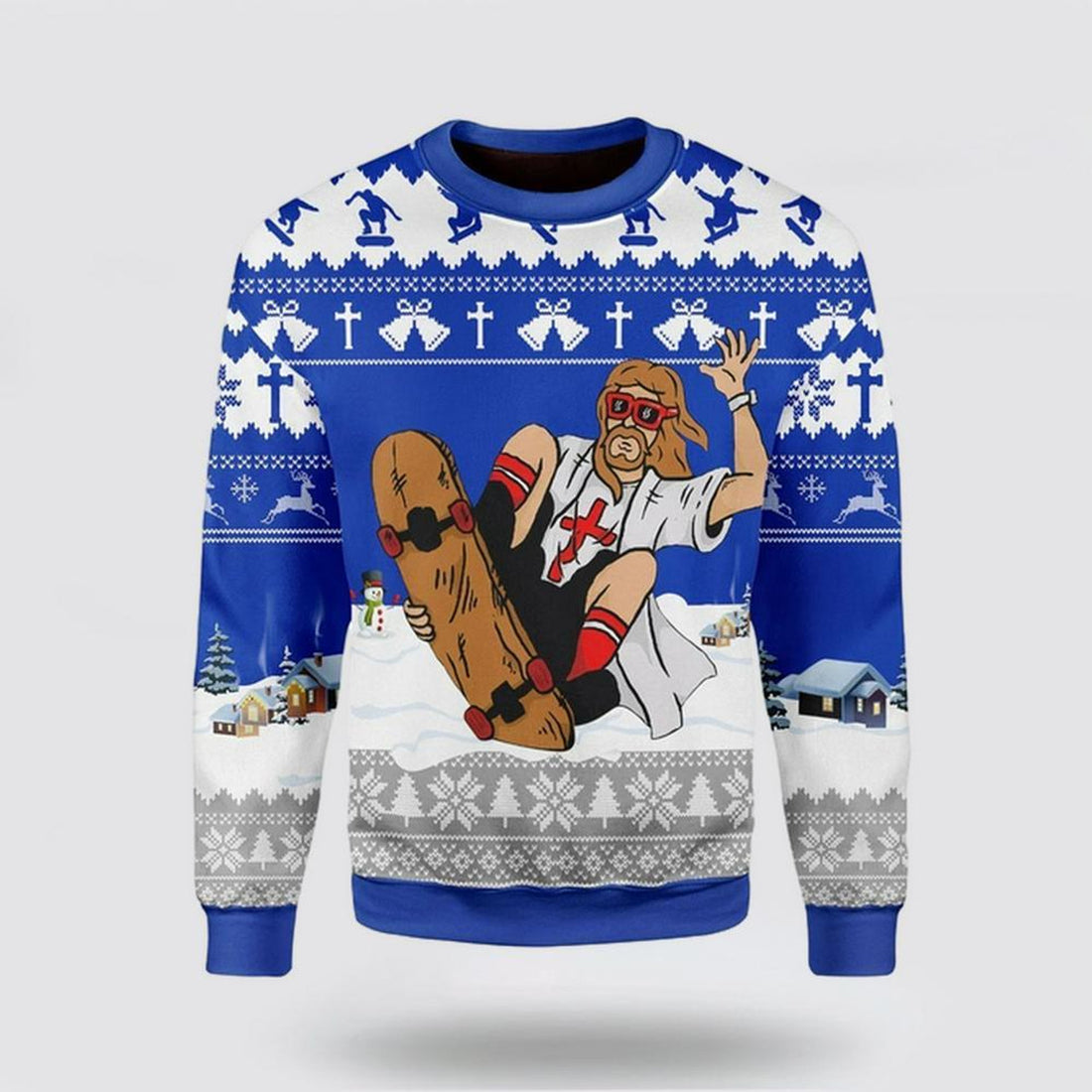 FUNSTUFFPRINT Christian Sweater, Jesus Skateboarding Christmas Ugly Christmas Sweater, Jesus Christmas Sweater, Jesus Saves Shirt Ugly  Sweater
