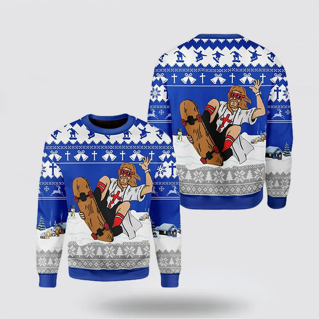 FUNSTUFFPRINT Christian Sweater, Jesus Skateboarding Christmas Ugly Christmas Sweater, Jesus Christmas Sweater, Jesus Saves Shirt Ugly  Sweater