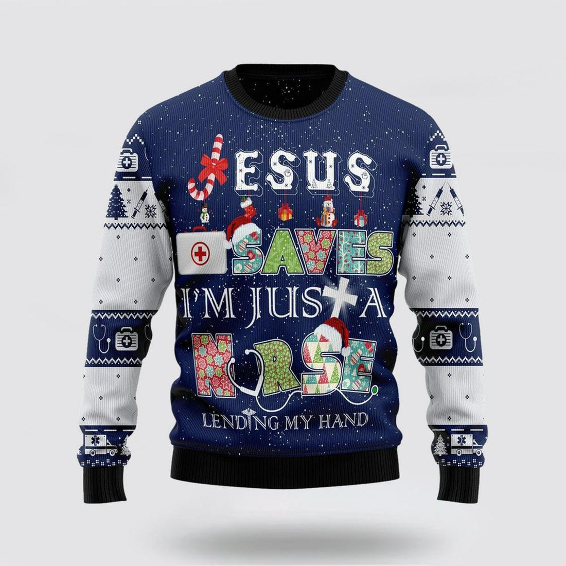 FUNSTUFFPRINT Christian Sweater, Nurse Life Jesus Saves Ugly Christmas Sweater, Jesus Christmas Sweater, Jesus Saves Shirt Ugly  Sweater