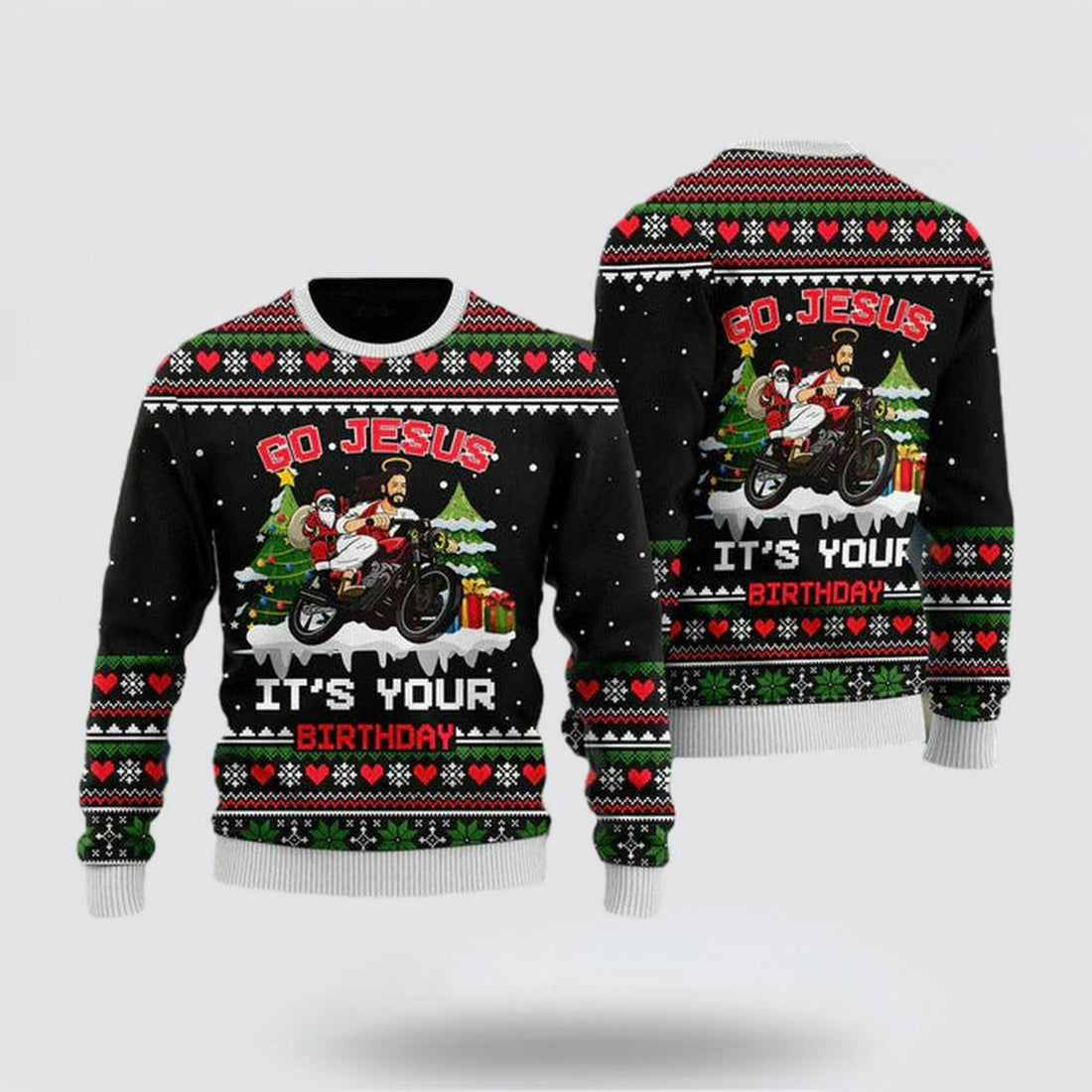 FUNSTUFFPRINT Christian Sweater, Santa Jesus Ride Motobike Ugly Christmas Sweater, Jesus Christmas Sweater, Jesus Saves Shirt Ugly  Sweater