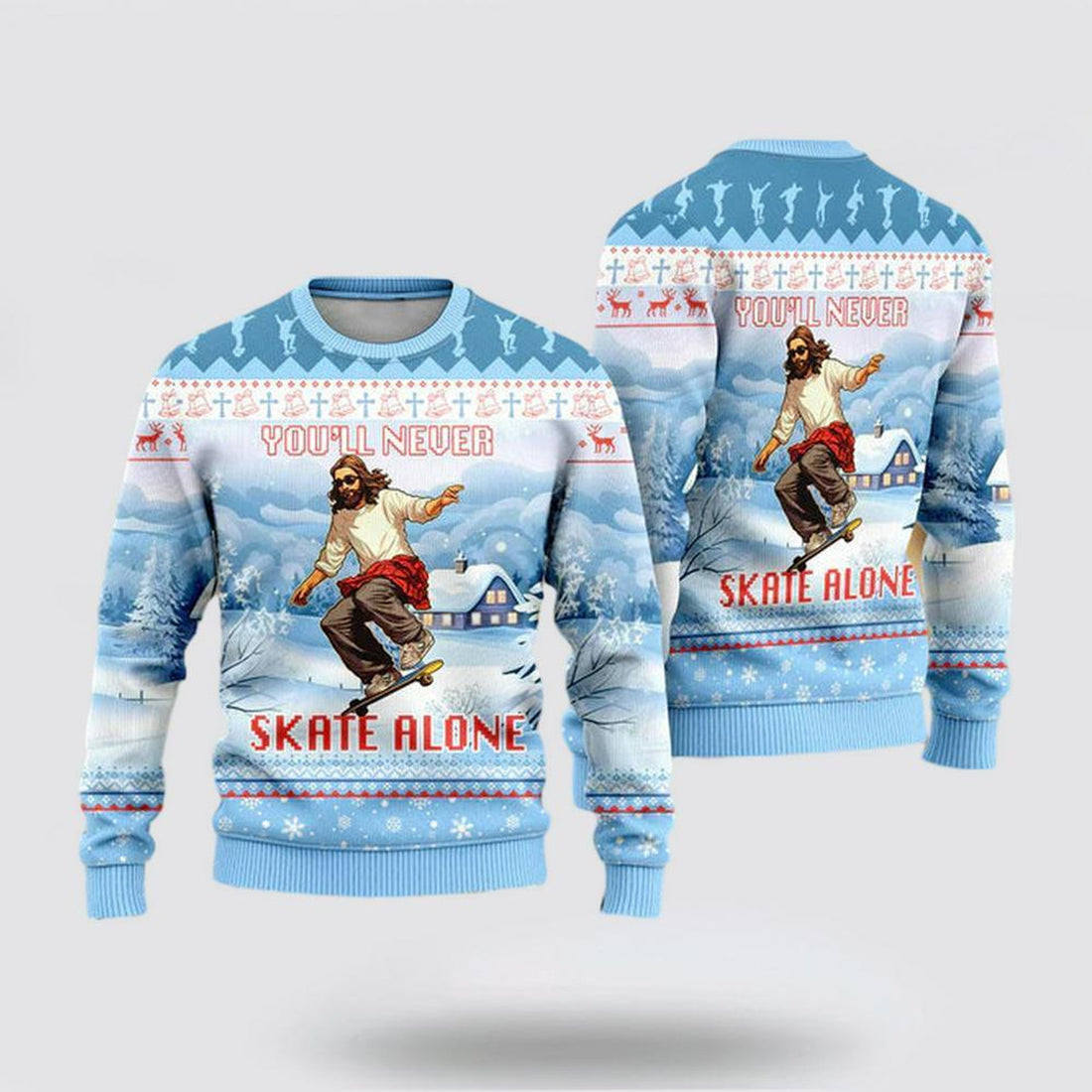FUNSTUFFPRINT Christian Sweater, You’ll Never Skate Alone Funny Jesus Skateboarding Ugly Christmas Sweater, Jesus Christmas Sweater, Jesus Saves Shirt Ugly  Sweater
