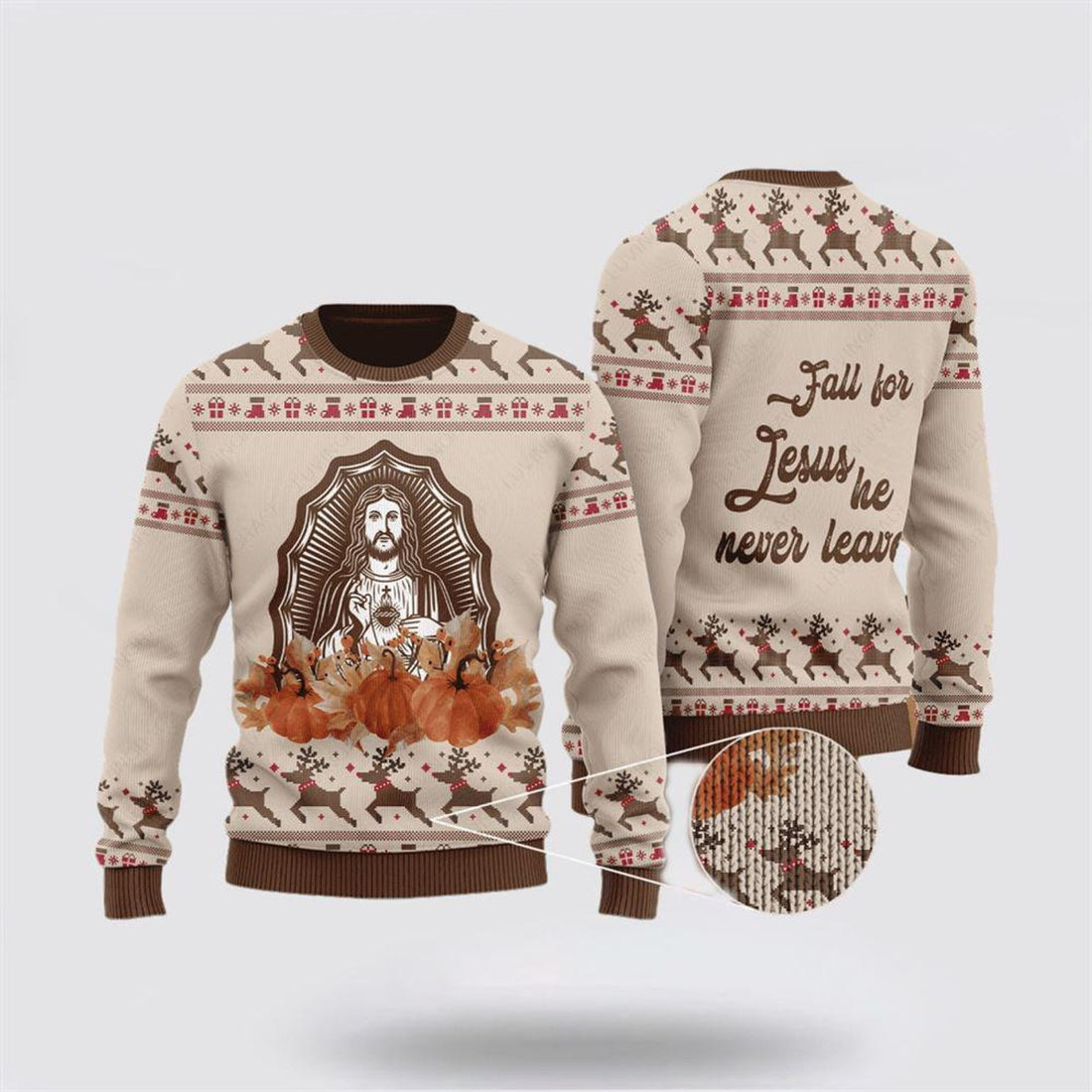 FUNSTUFFPRINT Christian Ugly Christmas Sweater, Christ God Pumpkin Maple Flower Ugly Christmas Sweater, Religious Christmas Sweaters Ugly  Sweater