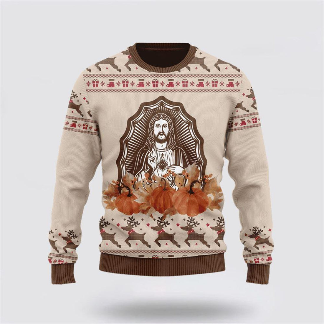 FUNSTUFFPRINT Christian Ugly Christmas Sweater, Christ God Pumpkin Maple Flower Ugly Christmas Sweater, Religious Christmas Sweaters Ugly  Sweater